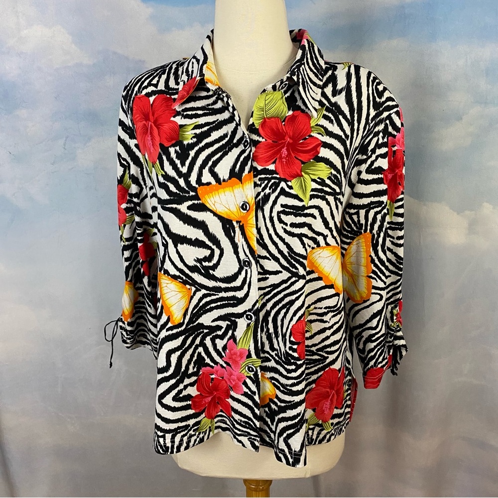 Christina Hope Black and White Zebra Print Top with Red and Orange Accents